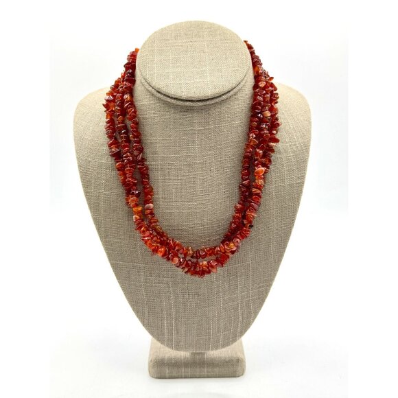 Multi Strand Carnelian Gemstone Chip Necklace With Sterling Shepherd's Hook Boho - Picture 1 of 6